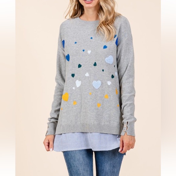 LONG SLEEVE WITH BUTTON  TEXTURED AND EMBROIDERY HEARTS STRIPE SHIRT BOTTOM - Picture 5 of 7